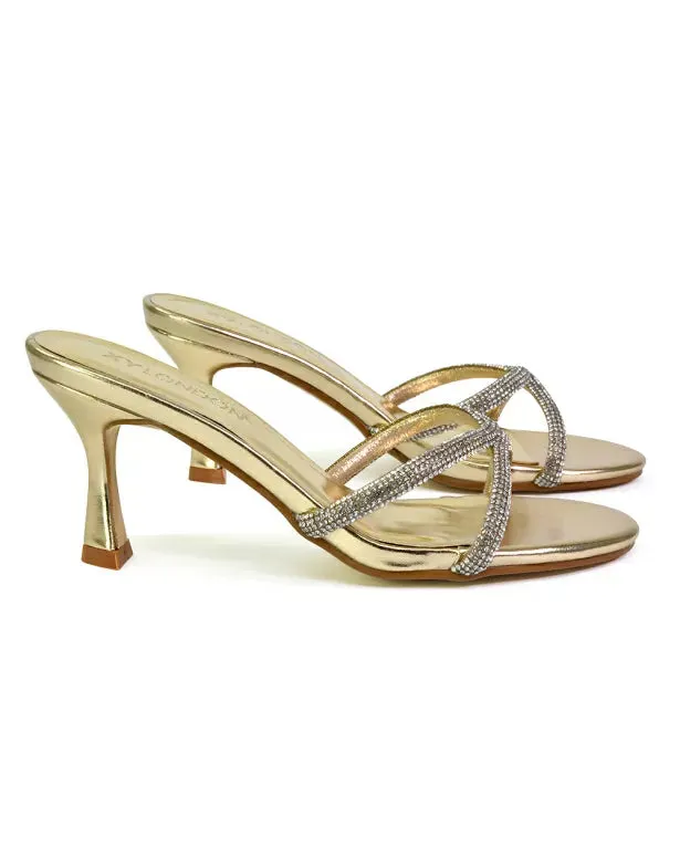 Paxton Diamante Strappy Mid High Heel Party Stiletto Mule Sandals In Gold