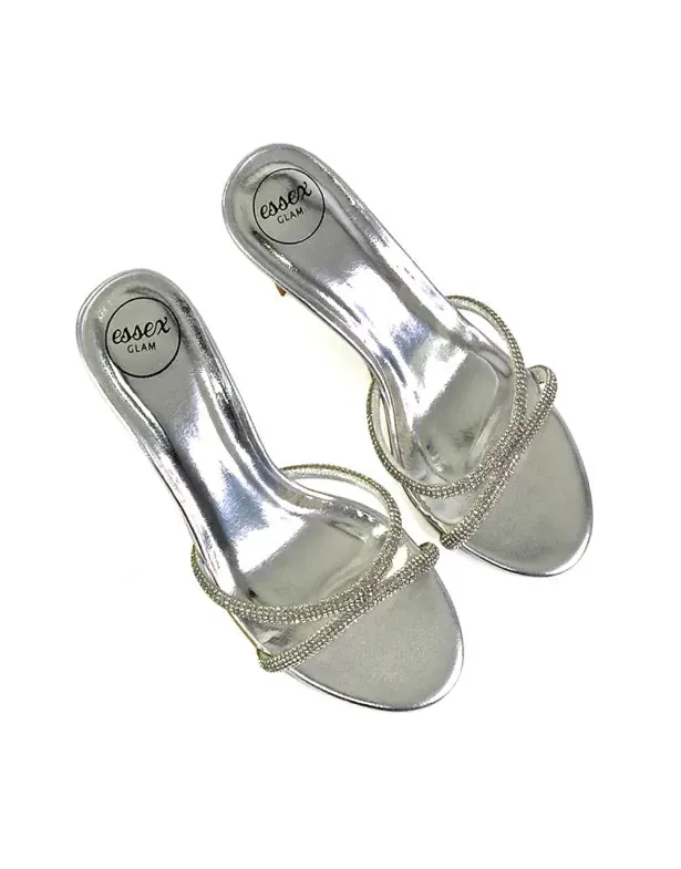 Paxton Diamante Strappy Mid High Heel Party Stiletto Mule Sandals In Silver