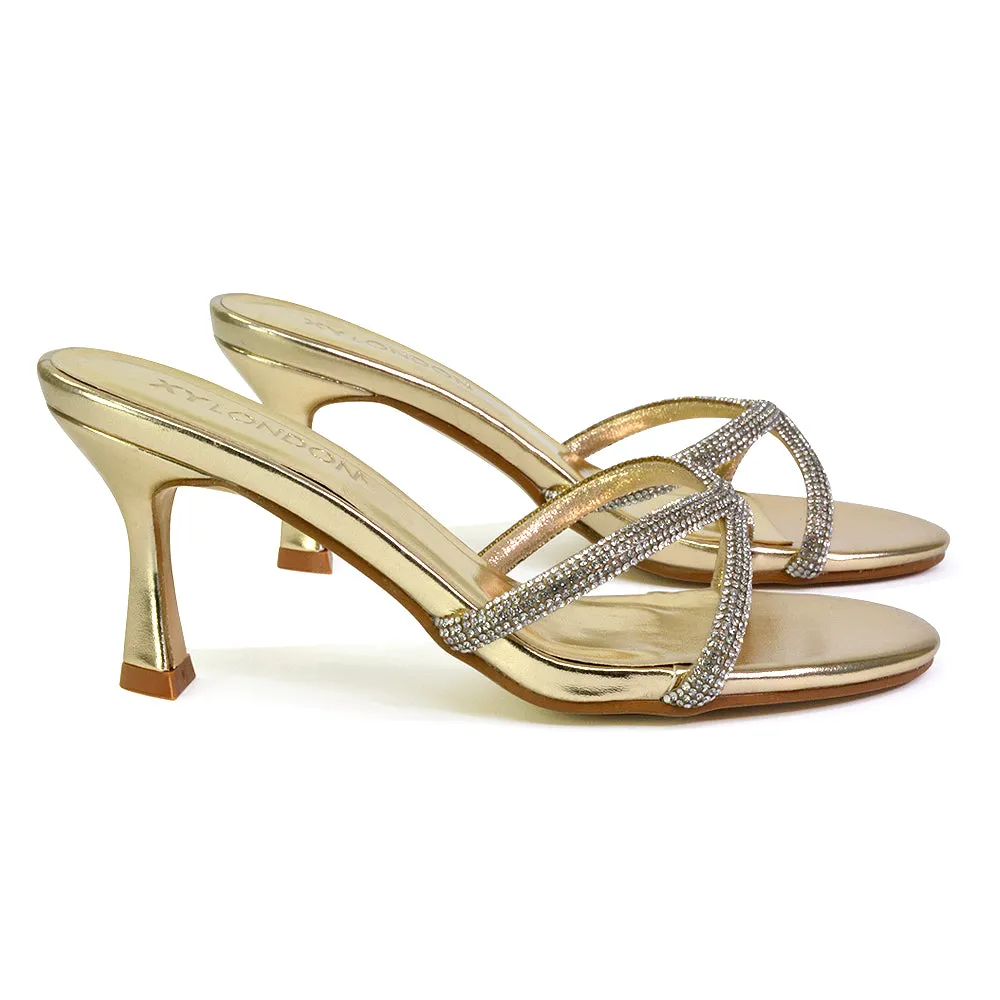 Paxton Diamante Strappy Mid High Heel Party Stiletto Mule Sandals In Silver