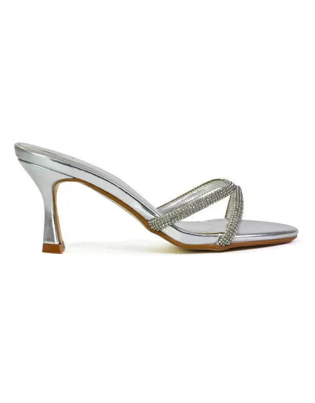 Paxton Diamante Strappy Mid High Heel Party Stiletto Mule Sandals In Silver