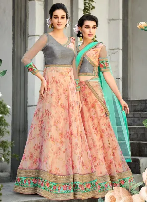 Peach And Grey Embroidered Lehenga Choli Suit