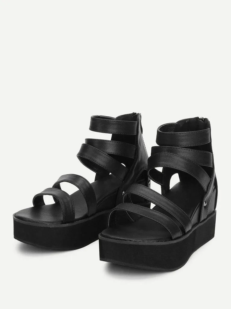 Peep Toe Back Zipper PU Wedges