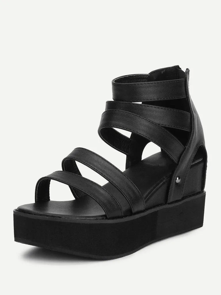 Peep Toe Back Zipper PU Wedges