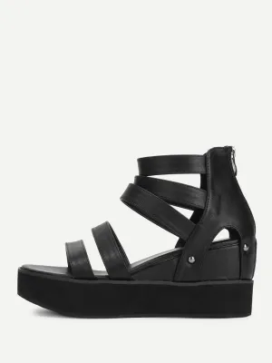Peep Toe Back Zipper PU Wedges