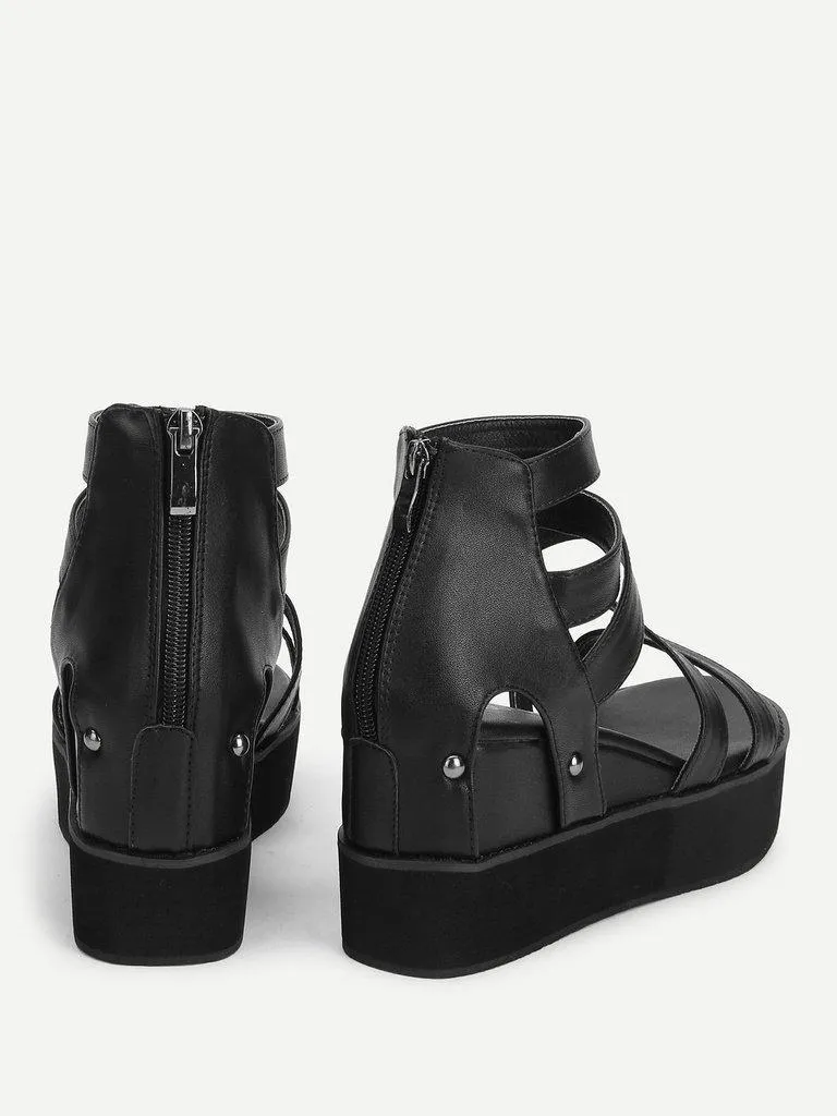 Peep Toe Back Zipper PU Wedges