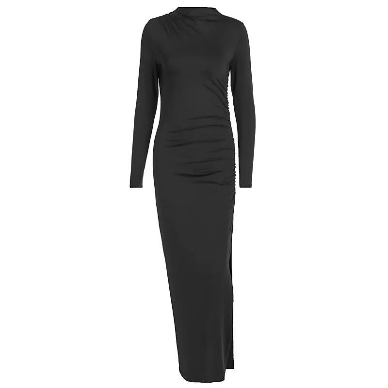 PEOPLETERRITORY 2025 style  New autumn and winter simple stand-up collar long-sleeved slim-fitting hip-wrapped side split solid color dress wholesale