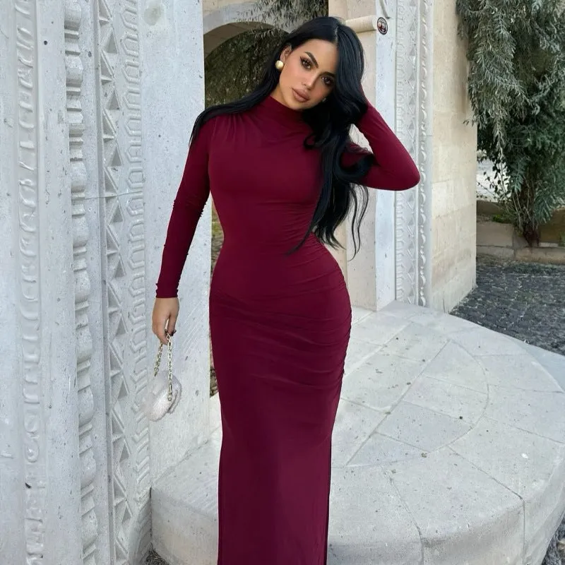 PEOPLETERRITORY 2025 style  New autumn and winter simple stand-up collar long-sleeved slim-fitting hip-wrapped side split solid color dress wholesale