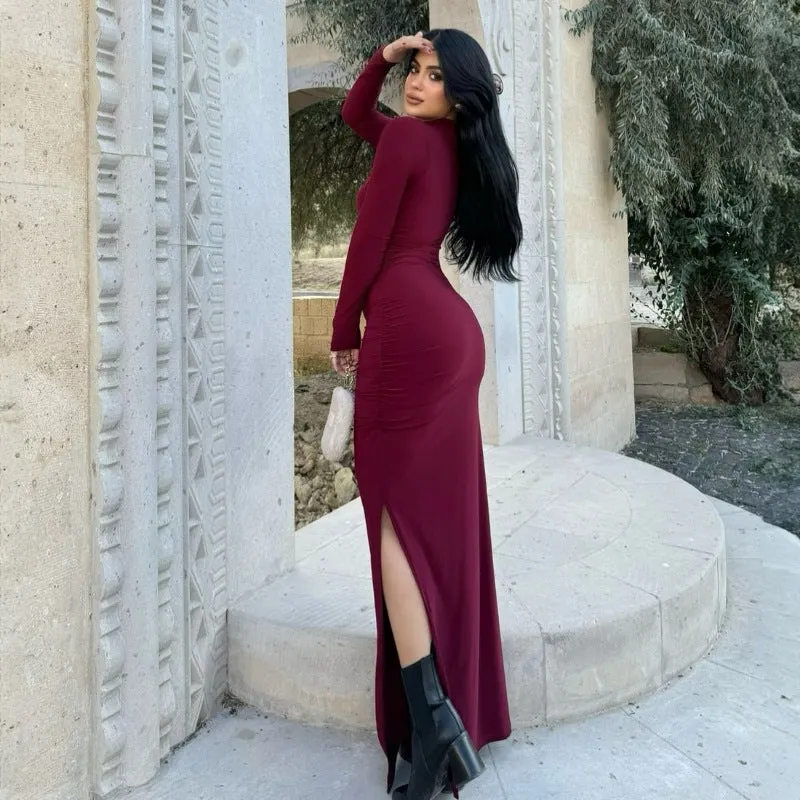 PEOPLETERRITORY 2025 style  New autumn and winter simple stand-up collar long-sleeved slim-fitting hip-wrapped side split solid color dress wholesale