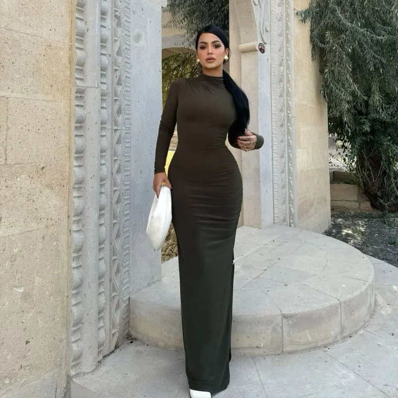 PEOPLETERRITORY 2025 style  New autumn and winter simple stand-up collar long-sleeved slim-fitting hip-wrapped side split solid color dress wholesale