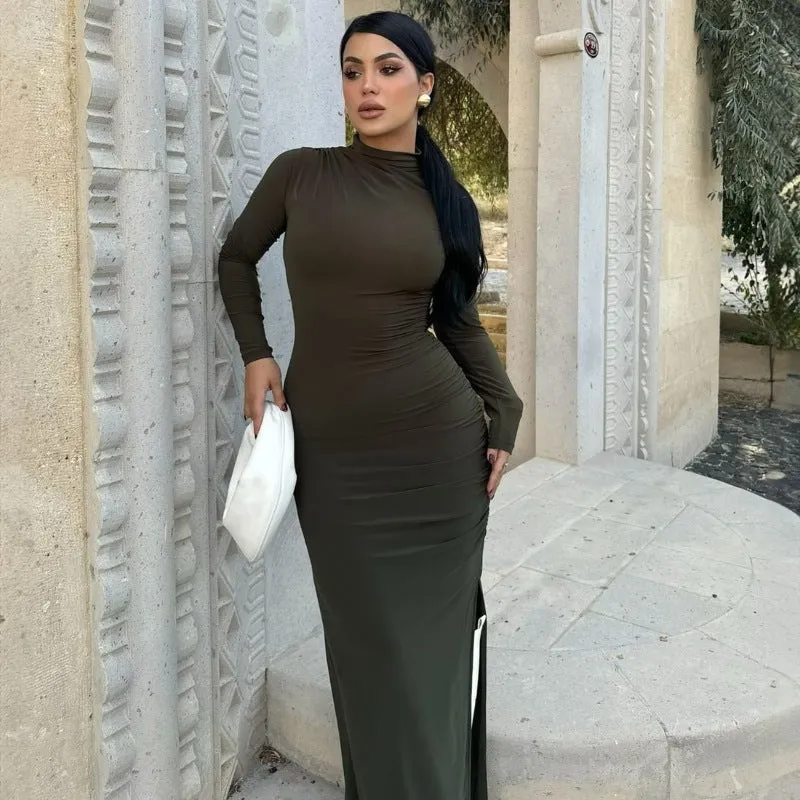 PEOPLETERRITORY 2025 style  New autumn and winter simple stand-up collar long-sleeved slim-fitting hip-wrapped side split solid color dress wholesale
