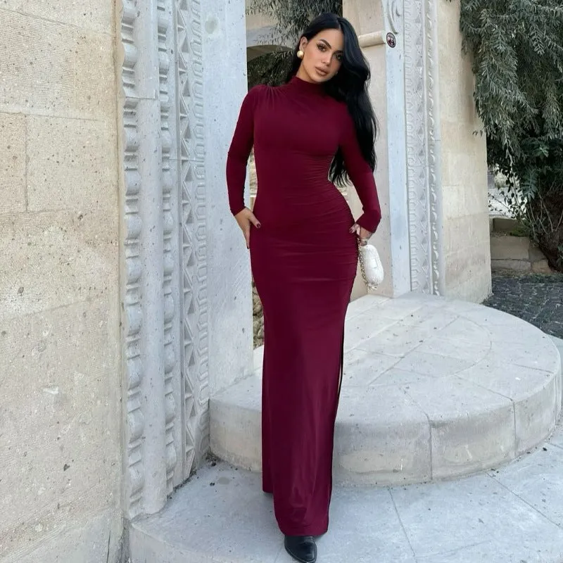 PEOPLETERRITORY 2025 style  New autumn and winter simple stand-up collar long-sleeved slim-fitting hip-wrapped side split solid color dress wholesale