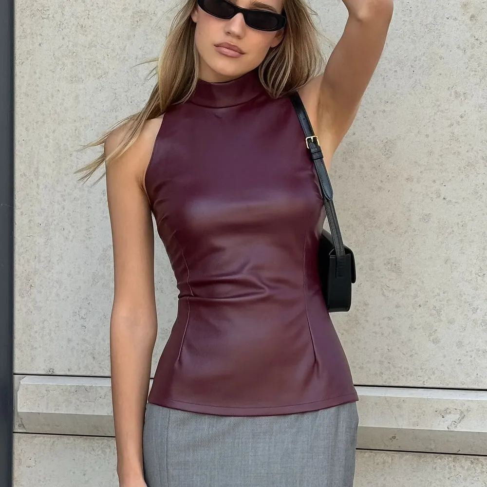 PEOPLETERRITORY  2025 women's clothing, 2025 trade new solid-color PU leather slim-fitting and thin semi-turtleneck sleeveless vest solid-color top