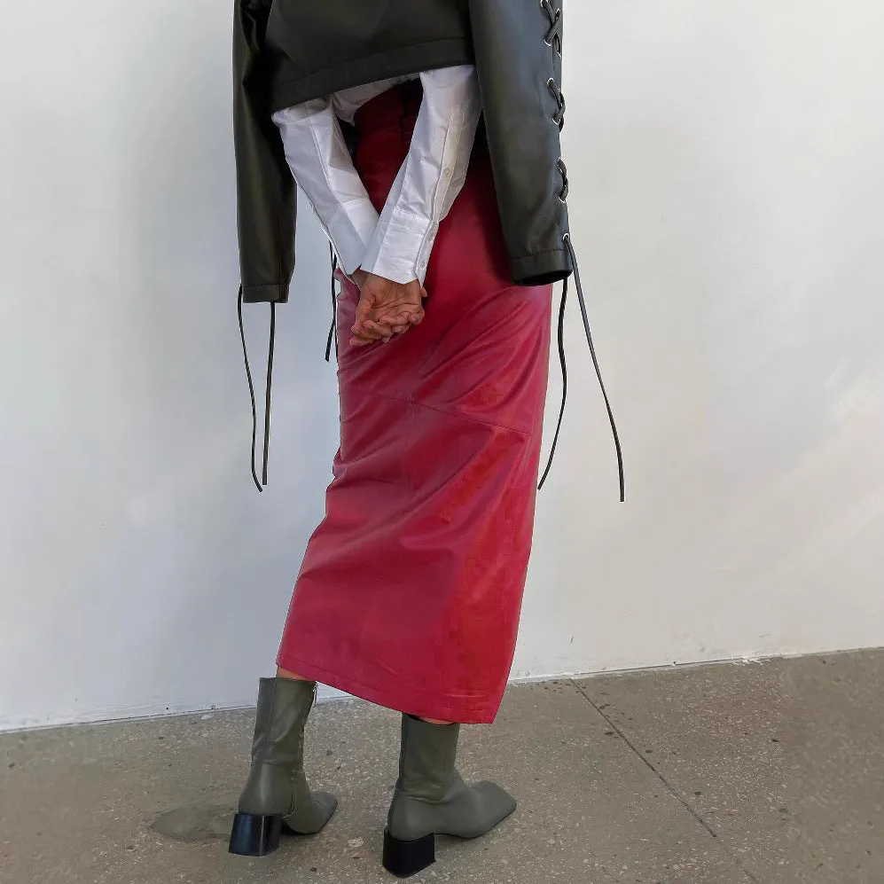 PEOPLETERRITORY  2025 women's clothing New winter new fashionable high-waisted slim-fitting split skirt irregular leather skirt