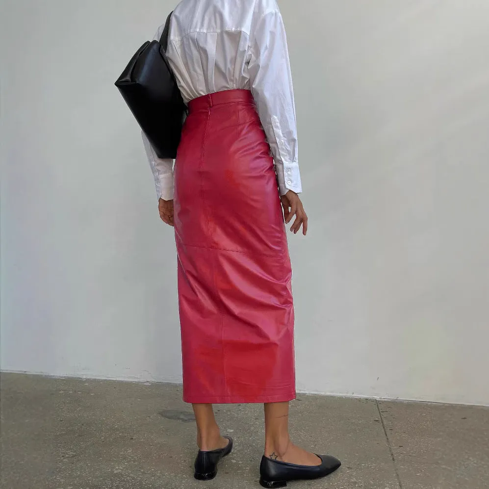 PEOPLETERRITORY  2025 women's clothing New winter new fashionable high-waisted slim-fitting split skirt irregular leather skirt