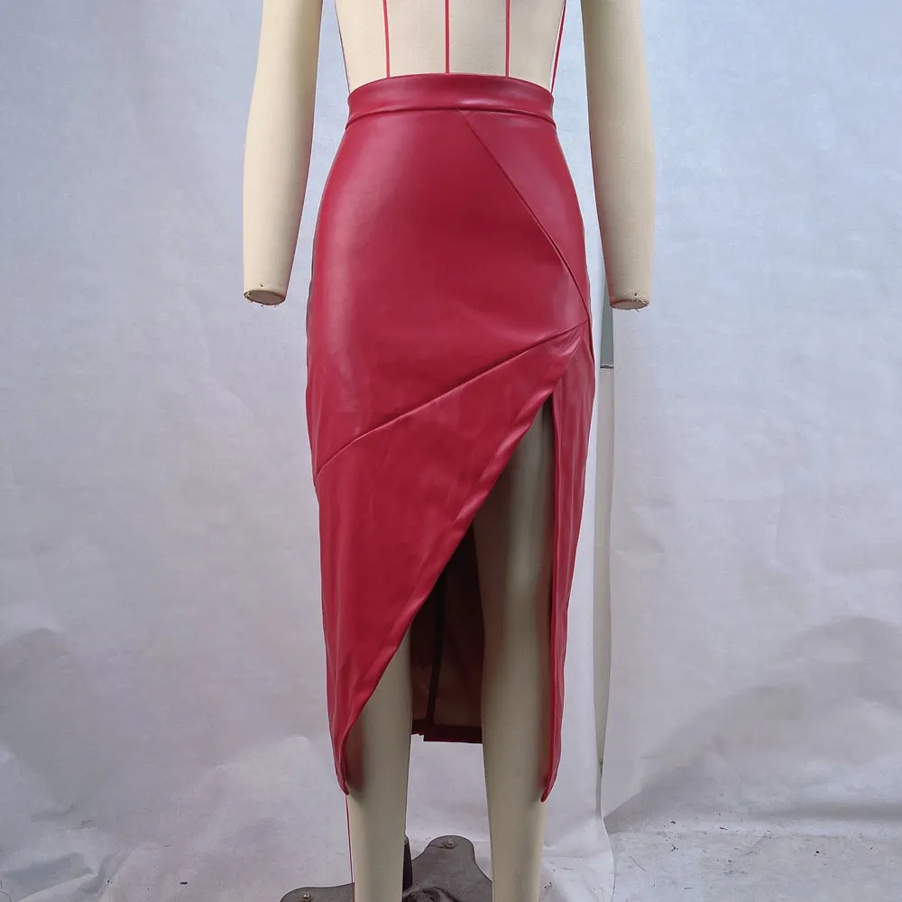 PEOPLETERRITORY  2025 women's clothing New winter new fashionable high-waisted slim-fitting split skirt irregular leather skirt