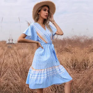 PEOPLETERRITORY New summer new V-neck printing slim-fitting lace-up fresh short-sleeved dress  women's cross-border