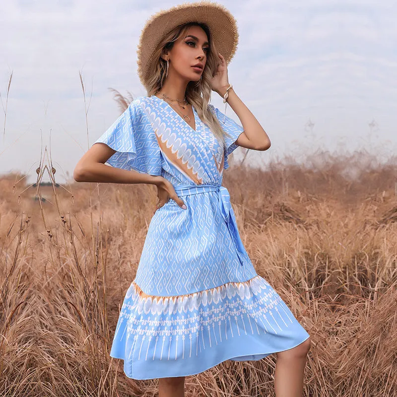 PEOPLETERRITORY New summer new V-neck printing slim-fitting lace-up fresh short-sleeved dress  women's cross-border