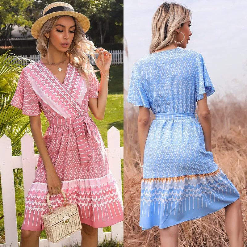 PEOPLETERRITORY New summer new V-neck printing slim-fitting lace-up fresh short-sleeved dress  women's cross-border