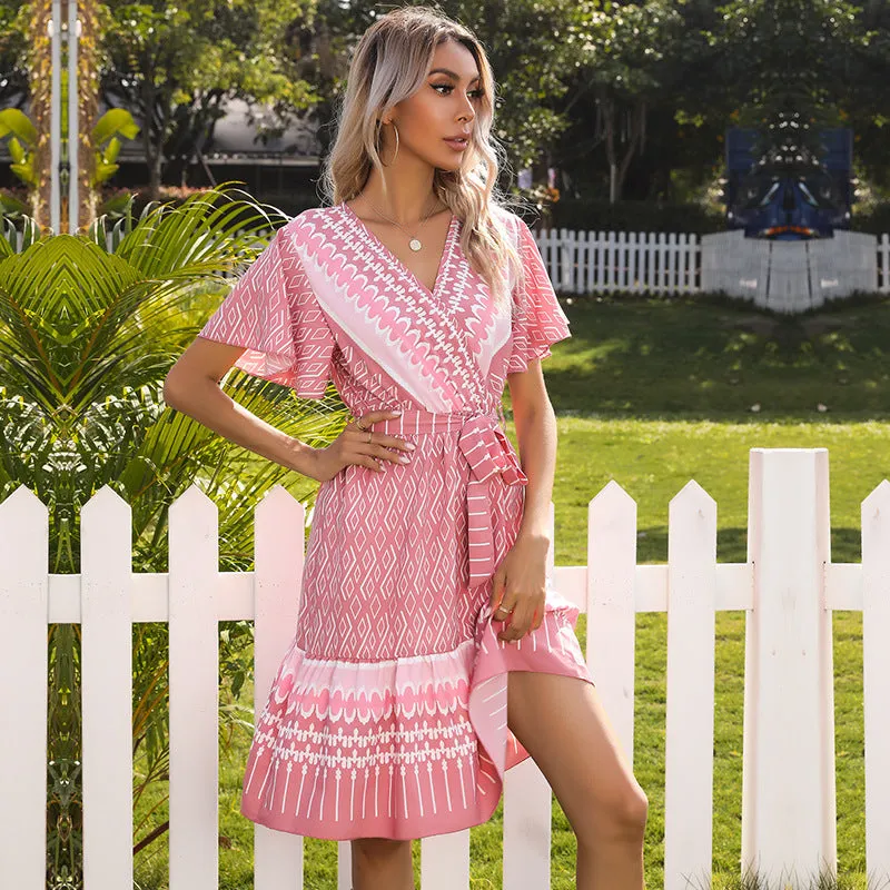 PEOPLETERRITORY New summer new V-neck printing slim-fitting lace-up fresh short-sleeved dress  women's cross-border