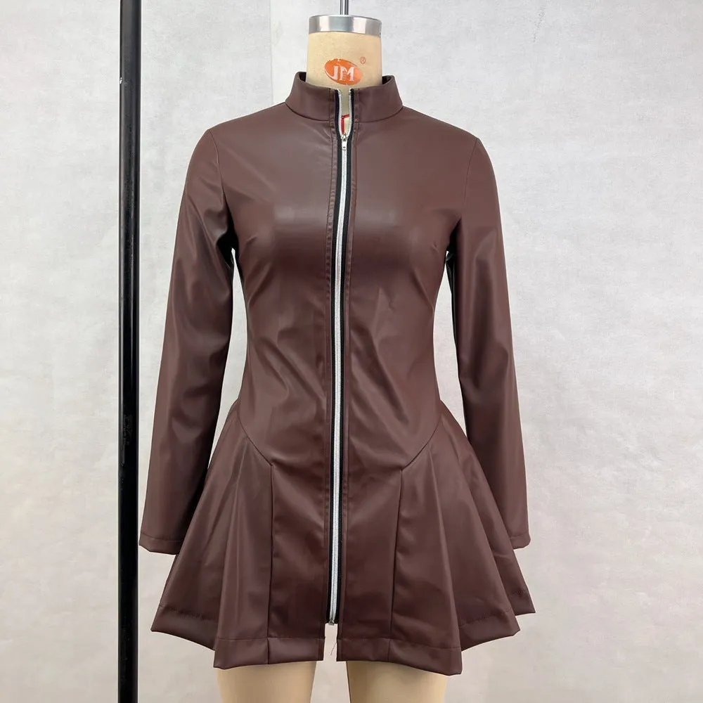 PEOPLETERRITORY2025  women's clothing, 's popular fashion slim-fitting long-sleeved pleated skirt PU leather zipper dress