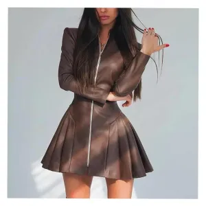 PEOPLETERRITORY2025  women's clothing, 's popular fashion slim-fitting long-sleeved pleated skirt PU leather zipper dress