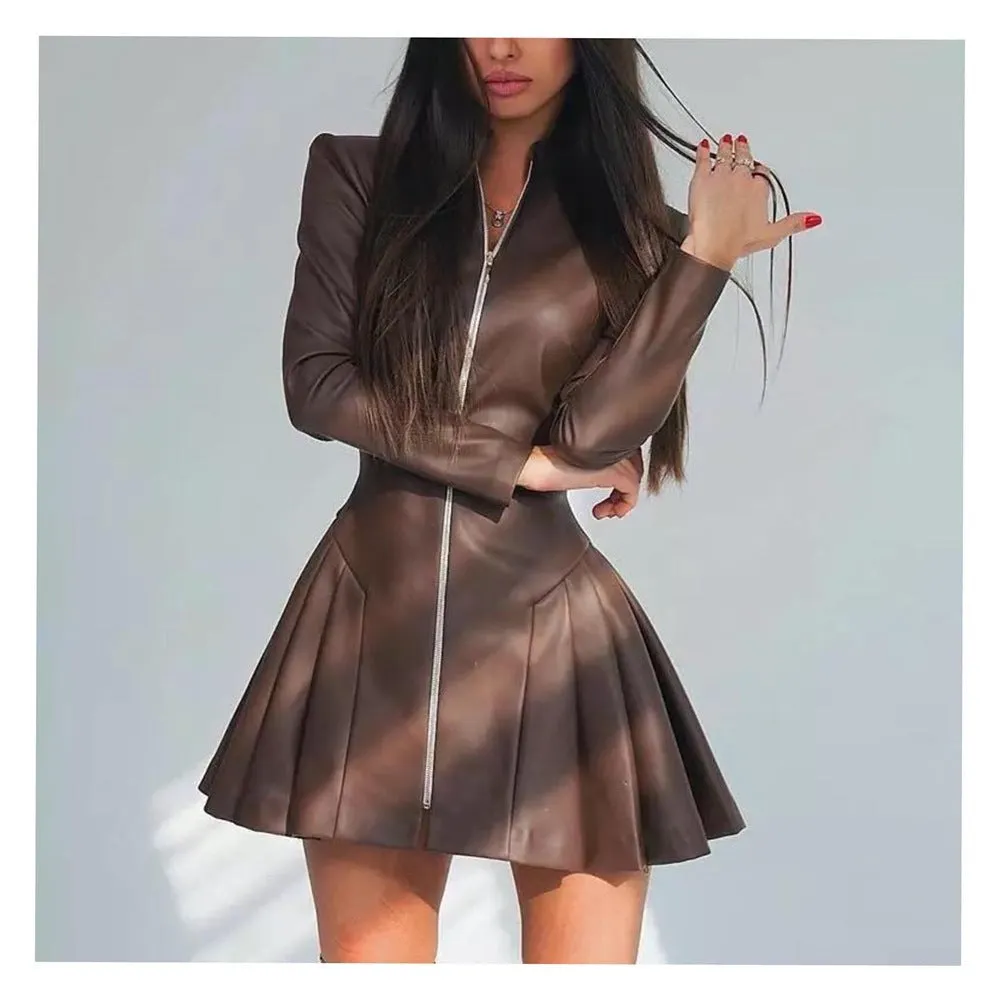 PEOPLETERRITORY2025  women's clothing, 's popular fashion slim-fitting long-sleeved pleated skirt PU leather zipper dress