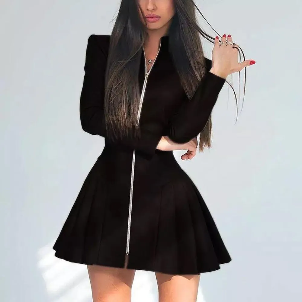PEOPLETERRITORY2025  women's clothing, 's popular fashion slim-fitting long-sleeved pleated skirt PU leather zipper dress