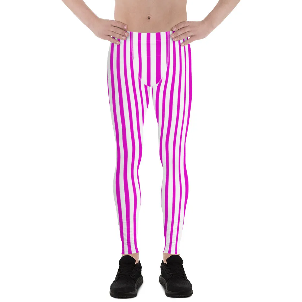 Pink Striped Men's Leggings, Vertical Stripes Modern Meggings Running Tights-Made in USA/EU