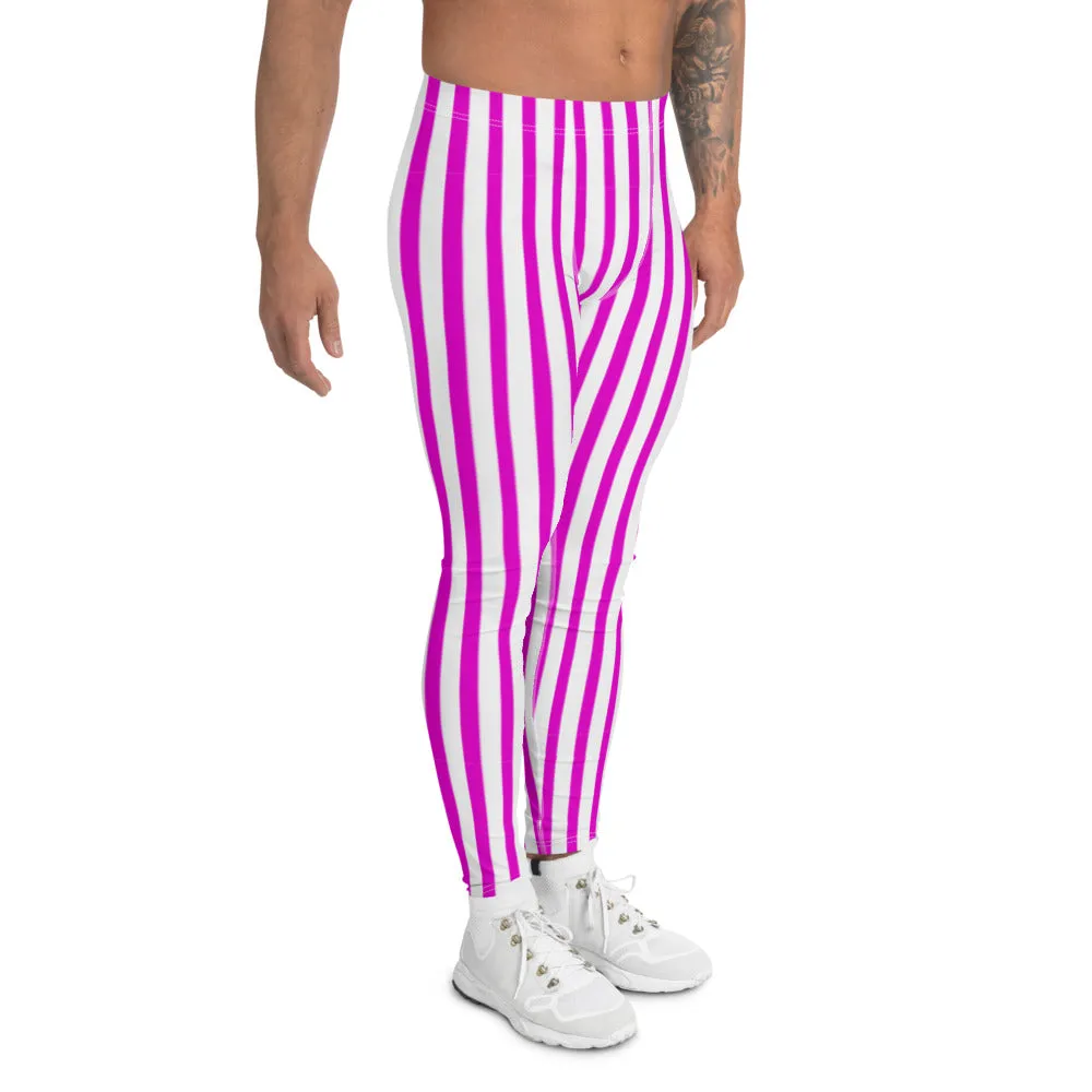 Pink Striped Men's Leggings, Vertical Stripes Modern Meggings Running Tights-Made in USA/EU