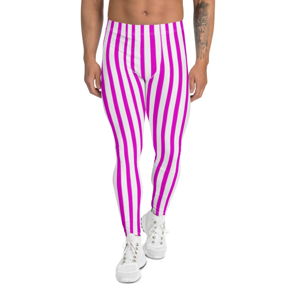 Pink Striped Men's Leggings, Vertical Stripes Modern Meggings Running Tights-Made in USA/EU