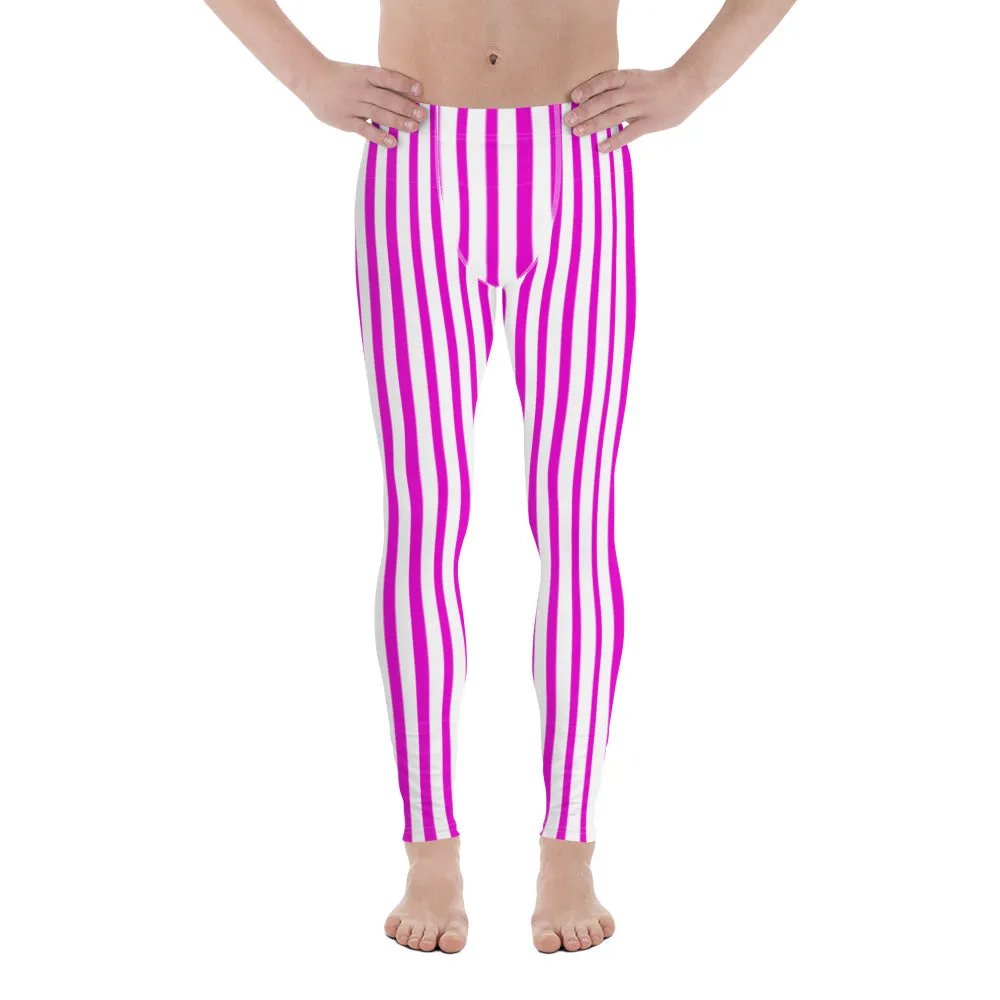 Pink Striped Men's Leggings, Vertical Stripes Modern Meggings Running Tights-Made in USA/EU