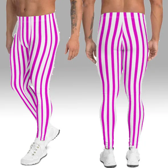Pink Striped Men's Leggings, Vertical Stripes Modern Meggings Running Tights-Made in USA/EU