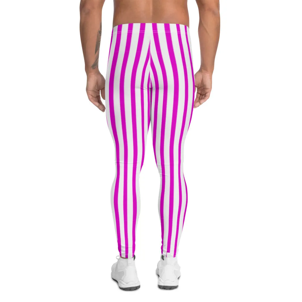 Pink Striped Men's Leggings, Vertical Stripes Modern Meggings Running Tights-Made in USA/EU