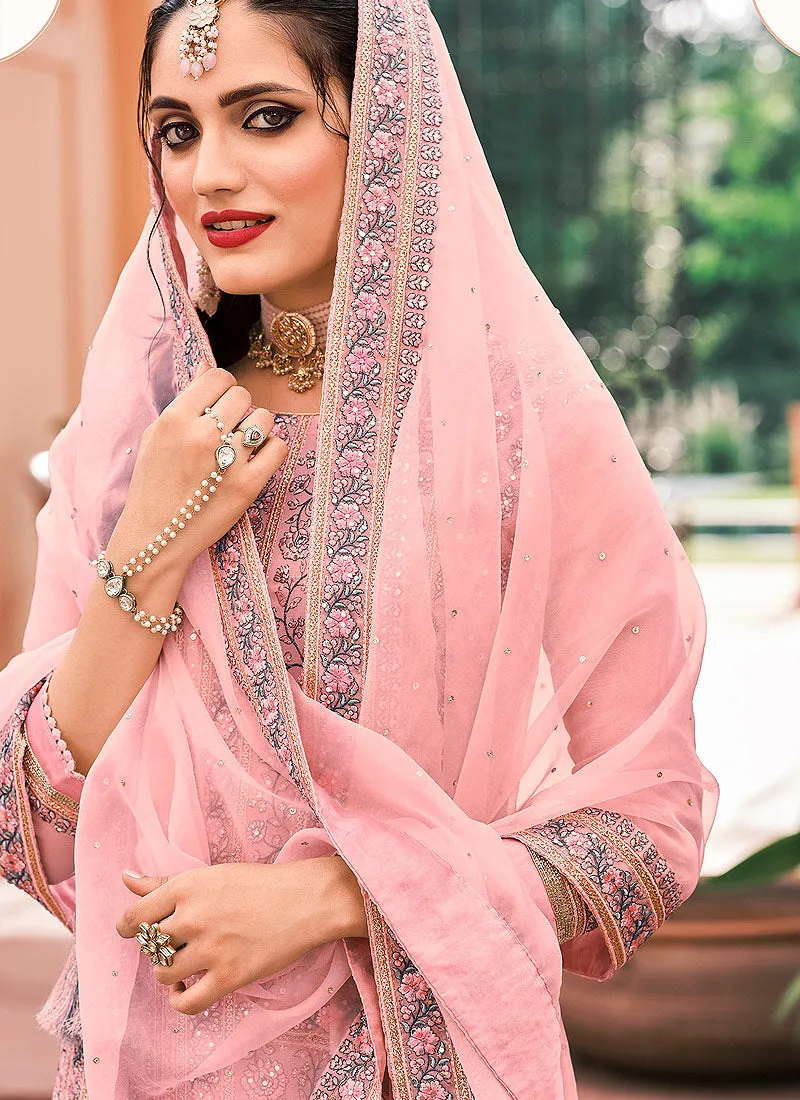 Pinkish Peach Kashmiri Embroidered Designer Palazzo Suit