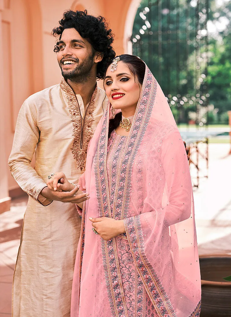 Pinkish Peach Kashmiri Embroidered Designer Palazzo Suit