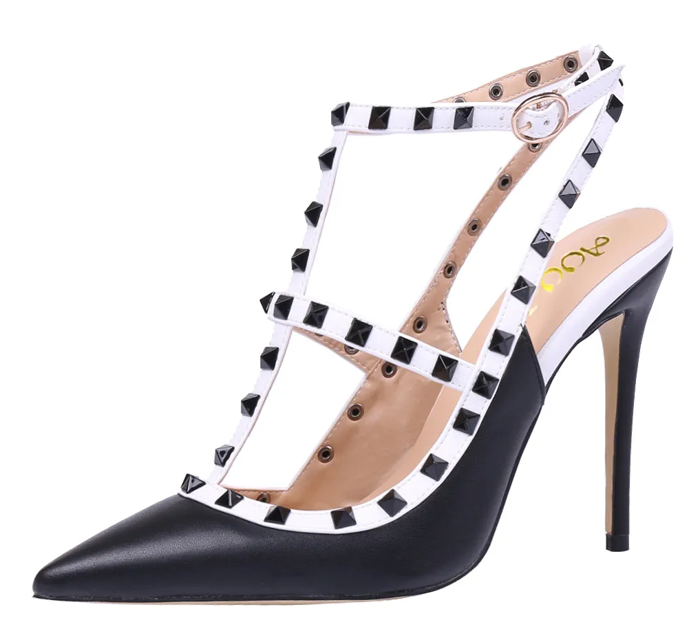 Pointed Toe 10cm Black White High Heels Glitter Studs Dress Party Pumps for Woman