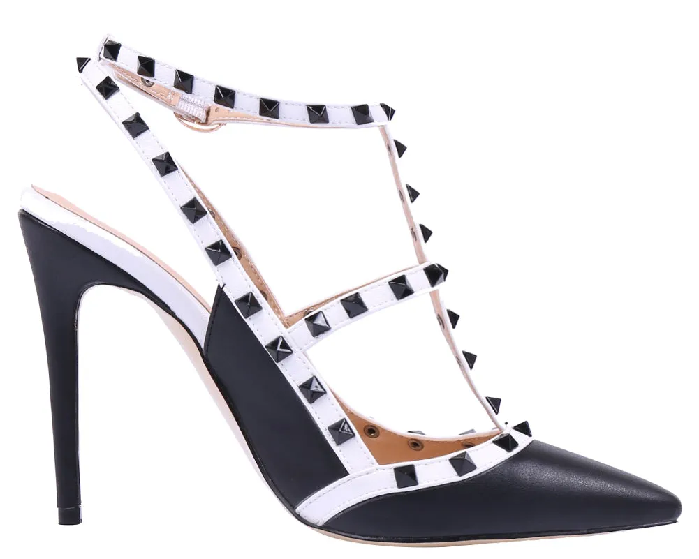 Pointed Toe 10cm Black White High Heels Glitter Studs Dress Party Pumps for Woman