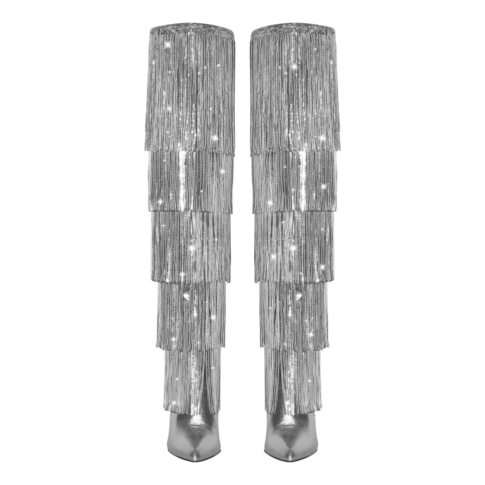Pointed Toe Stiletto Fringe Metallic Over The Knee Boots