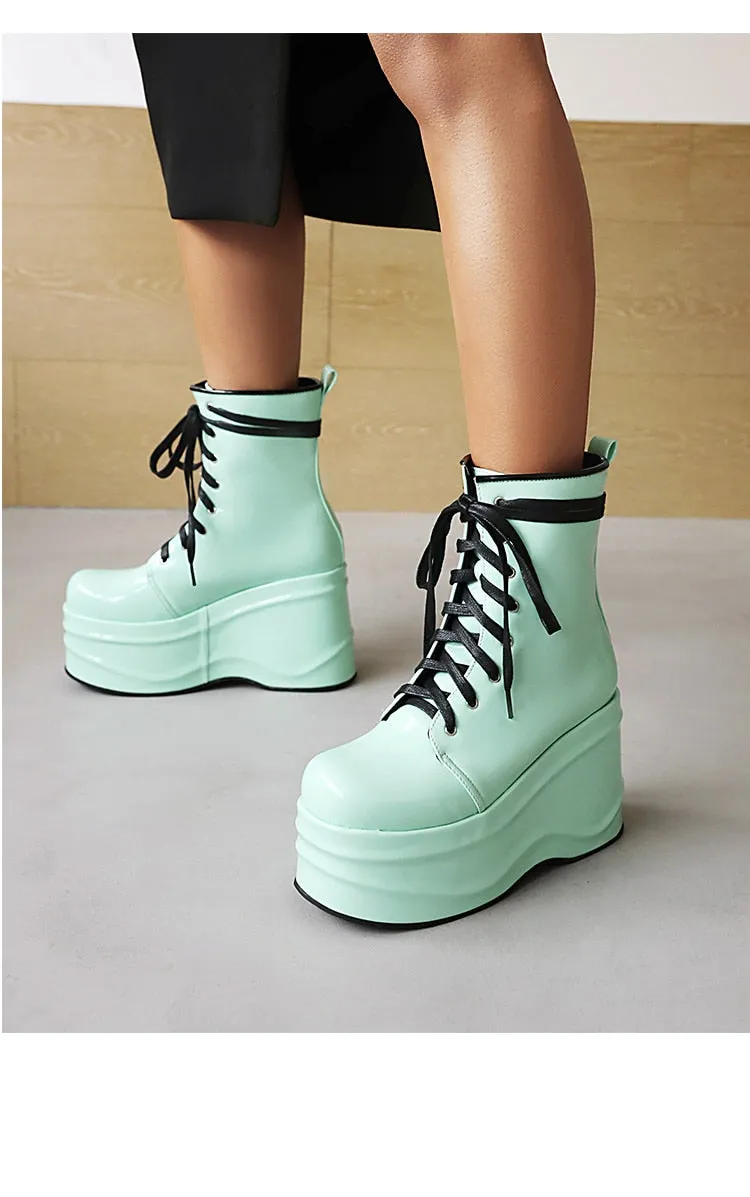 Punk Style Super High Waterproof Platform Flat-Bottomed Boots Cross-Lace Bright Patent Leather Shoes