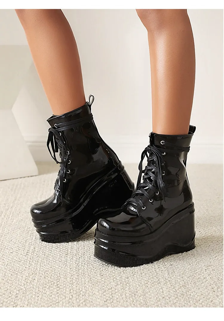 Punk Style Super High Waterproof Platform Flat-Bottomed Boots Cross-Lace Bright Patent Leather Shoes