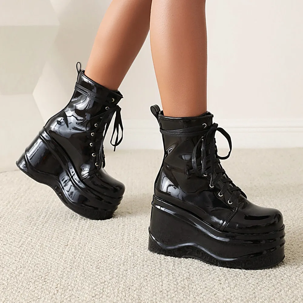 Punk Style Super High Waterproof Platform Flat-Bottomed Boots Cross-Lace Bright Patent Leather Shoes