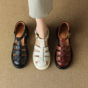 Purpdrank - New Summer Sandals Genuine Leather Luxury Roman Sandals Casual Buckle Strap Summer Shoes GLADIATOR Thick Heel Women Shoes