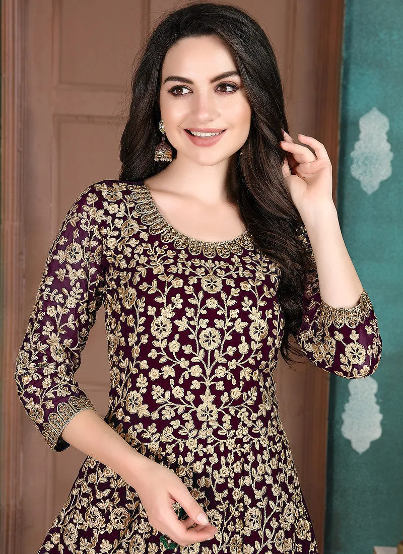 Purple And Wine Traditional Embroidered Anarkali Suit