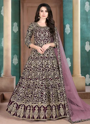 Purple And Wine Traditional Embroidered Anarkali Suit