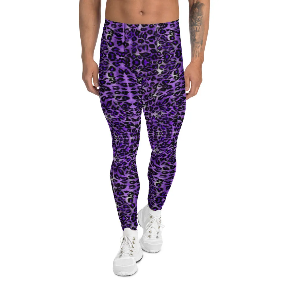 Purple Leopard Print Men's Leggings, Animal Print Meggings Running Tights-Made in USA/EU