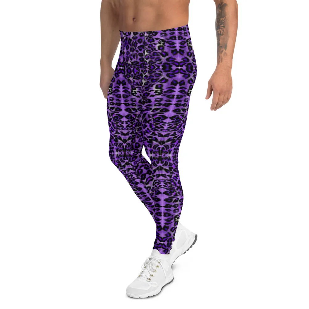 Purple Leopard Print Men's Leggings, Animal Print Meggings Running Tights-Made in USA/EU