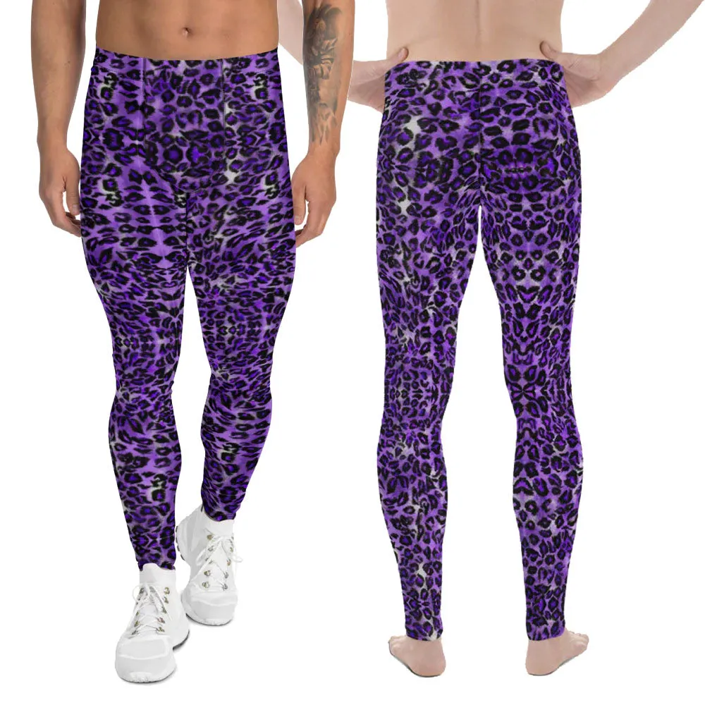 Purple Leopard Print Men's Leggings, Animal Print Meggings Running Tights-Made in USA/EU