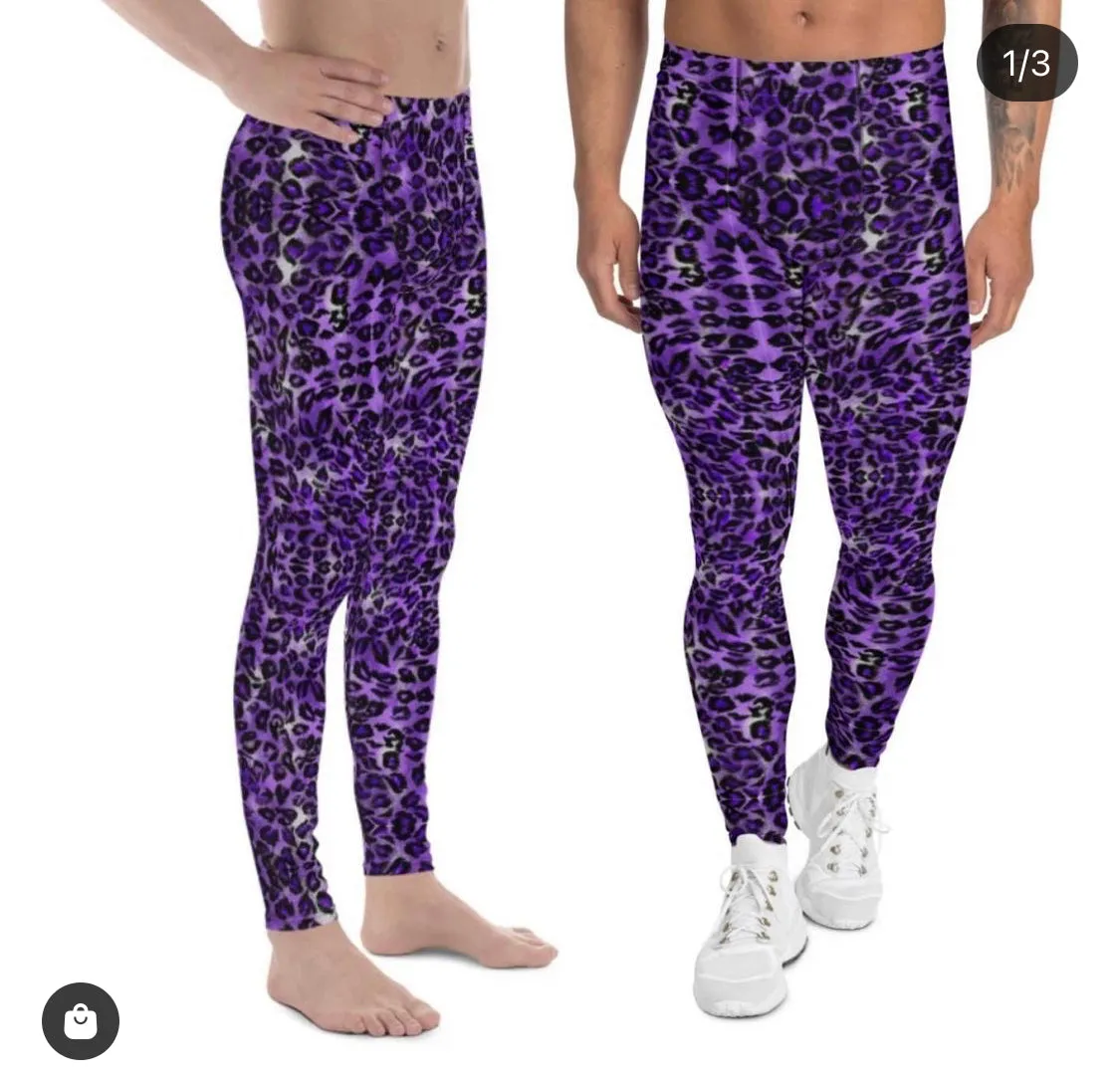 Purple Leopard Print Men's Leggings, Animal Print Meggings Running Tights-Made in USA/EU