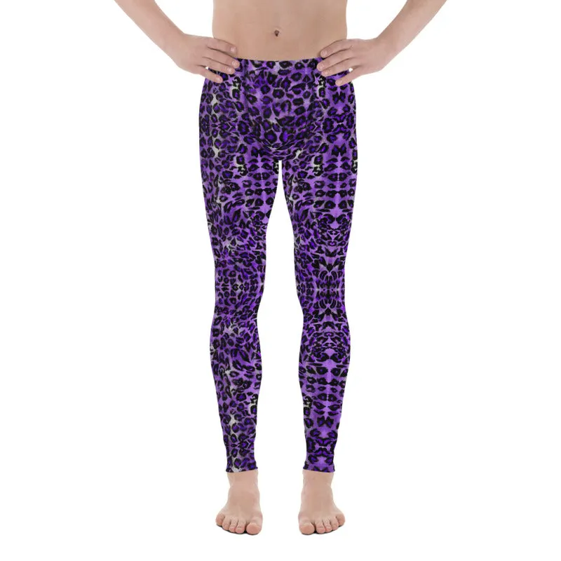 Purple Leopard Print Men's Leggings, Animal Print Meggings Running Tights-Made in USA/EU