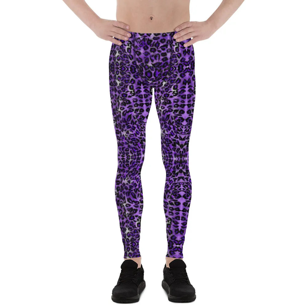 Purple Leopard Print Men's Leggings, Animal Print Meggings Running Tights-Made in USA/EU